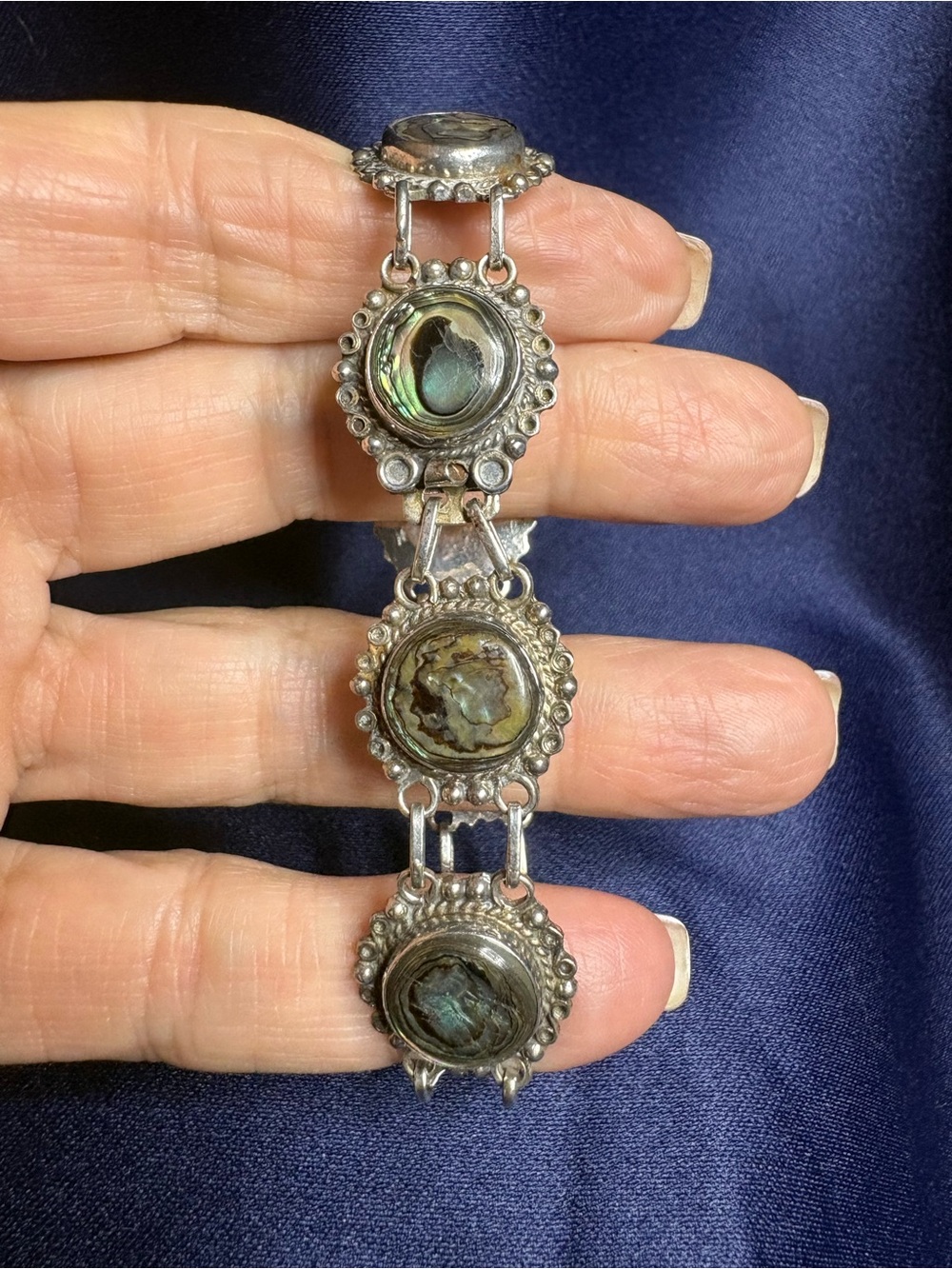 Bracelet Sterling Silver Abalone Vintage Link Bracelet Slide Clasp - Picture 7 of 9